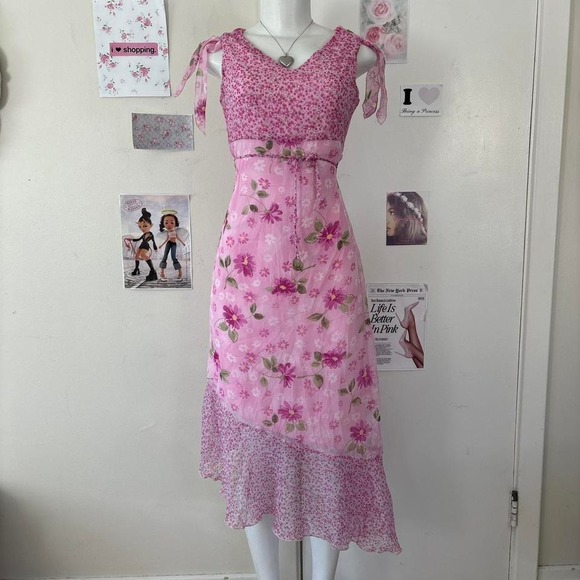 Girl Code Y2K Pink Floral Asymmetrical Fairycore Midi Dress Size 16 — Whimsygoth - Picture 6 of 6